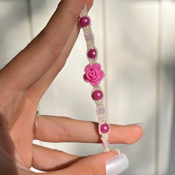5 for $25 Handmade woven, pink rose flower beaded wax string bracelet - Picture 1 of 6